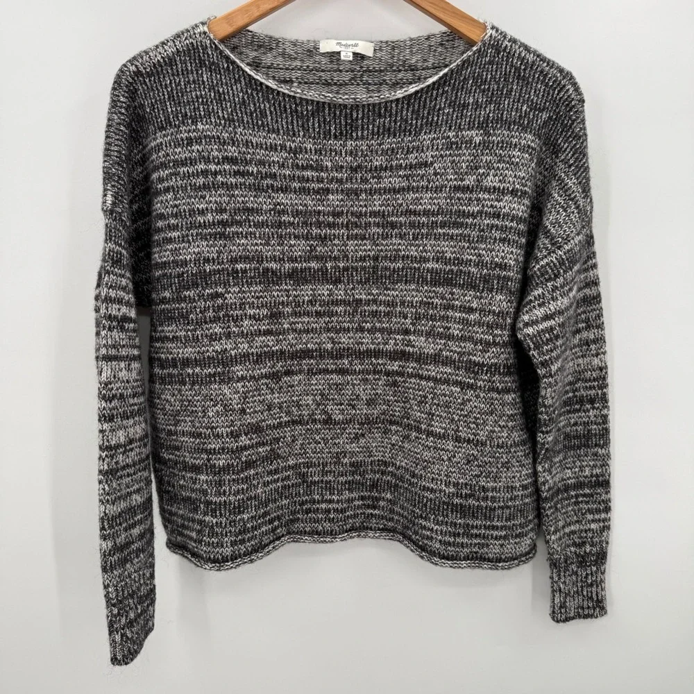 Madewell Space Dye Knit Sweater Black White‎ Marled Boat Neck Pullover Small